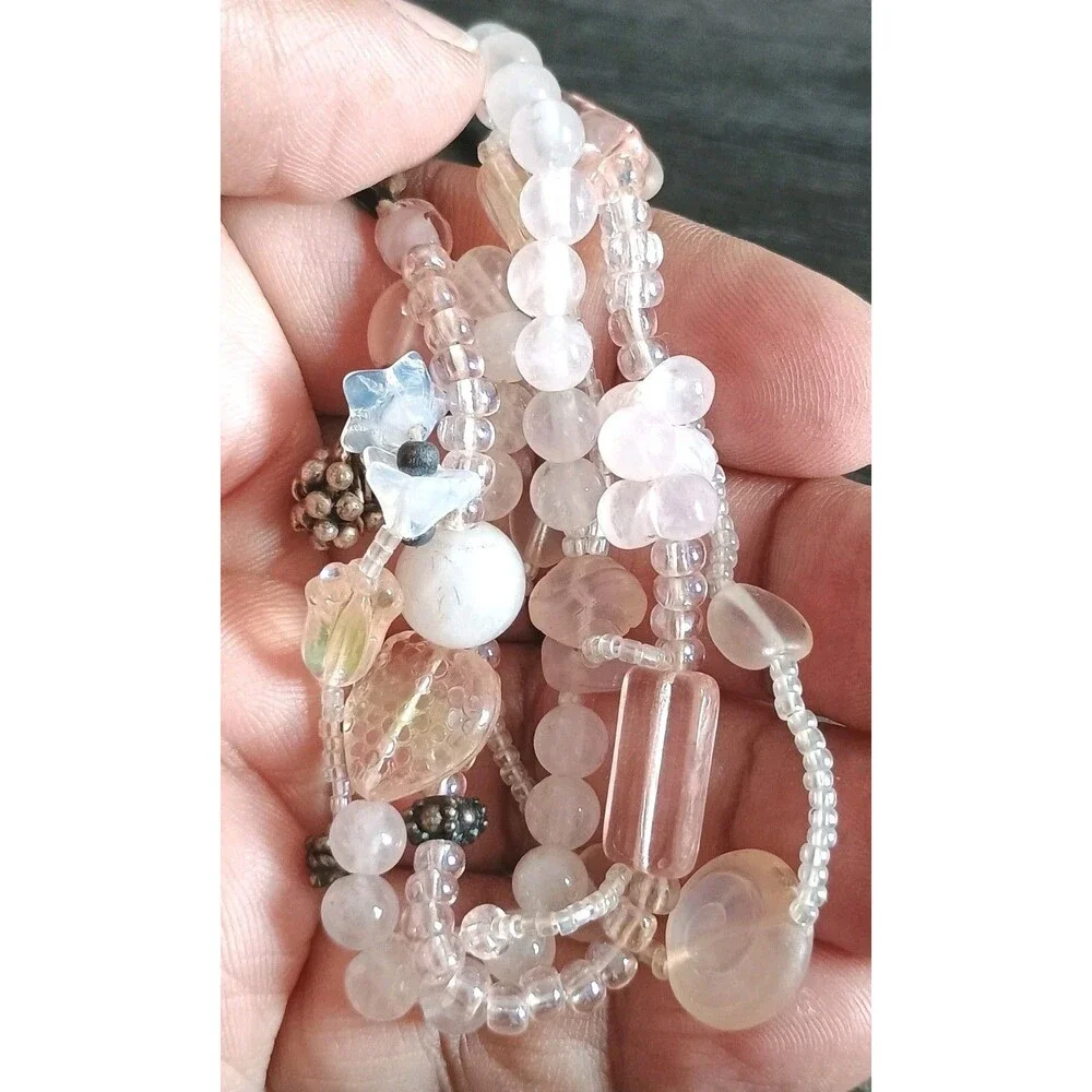 Rose Quartz Sterling Silver Glass Tulip Heart Bead Grape Charm Vintage Bracelet